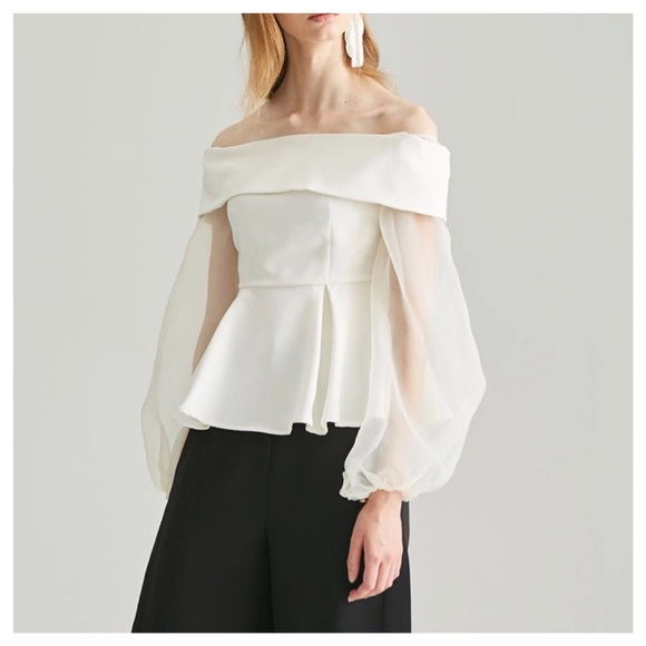 Silky White Sheer Sleeve Off The Shoulder Top - Picture 3 of 8